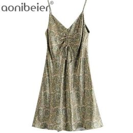 Vintage Print Spaghetti Strap Mini Dress Summer Sleeveless Drawstring V Neck Women Pencil Laides Casual 210604