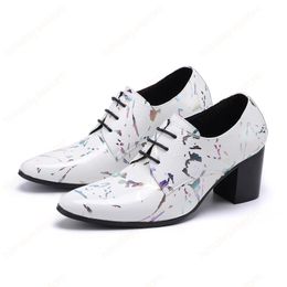 Mens 7cm High Heels Shoes Lace-up Pointed Toe Genuine Leather Dress Shoes Men White High Heel Wedding/Party Footwear