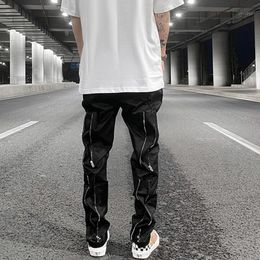 YANG-YI Men Sport Long Pants Stylish Zipper Pocket Overalls Casual Strappy Work Trouser