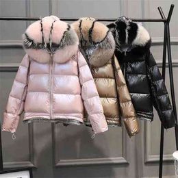 Natural Fur Collar Winter Jacket Women Loose Short Down Coat White Duck Thick Warm Parka D233 210512