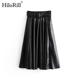 Women Faux Leather Skirt With Belt Elegant Office Ladies Black PU Midi Fashion Pleated Casual s 210508