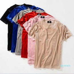 Streetwear Men Extended Rock T-shirt Velour Mens Hip Hop Longline Shirts Golden Side Velvet Curved Hem Tee S-2XL 2021