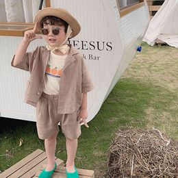 Boy Clothing Set Kids Single-breasted Shirt + Shorts 2-piece Of Summer Solid Colour Short-sleeve Casual Children's 210515