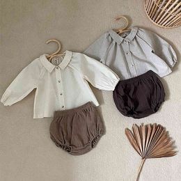 Spring Summer Infant Baby Girls Long Sleeve Pure Colour Shirt + Shorts Suit Clothing Sets Kids Girl Clothes 210429