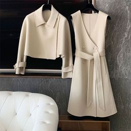 Autumn Winter Matching Sets Turn Down Collar Jacket Crop Woolen Blends V Neck Double Breasted Tank Dress Bandage Vest Fashion 220302