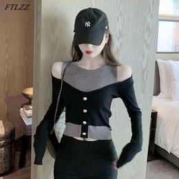 Autumn Winter Sexy Women Hollow Out Patchwork Knitted Sweater Elegant Button Slim Bottoming Shirt 210423
