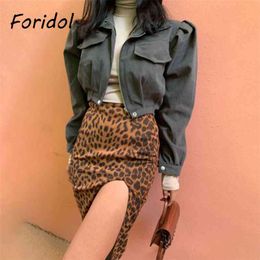 Front Slit Leopard Print Skirts Women Fashion Clothes Knee Length Sexy Bodycon Skirt Bottoms Spring Autumn 210427