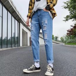 Men's Jeans Ripped Hole Pencil 2021 Summer Thin Korean Trendy Wild Slim Feet Mens Beggar Cropped Hip Hop Streetwear Pants