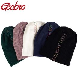 Geebro Fashion Ribbon Solid Color Ribbed Beanie Hat Spring Winter Autumn Cotton Skull Caps For Adults Woman Man Warm Beanies 211119