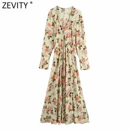 Zevity Women Vintage V Neck Tropical Leaves Print Casual Loose Midi Dress Female Chic Hole Party Vestido Clothes DS4933 210603