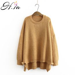 H.SA Winter Women and Oversized Knitwear Oneck Irregular Hems Soft Warm Chic Korean Ugly Sweater Jumpers 210417