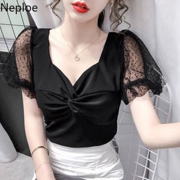 Neploe Summer Womens Tops Square Collar Patchwork Gauze Puff Sleeve Blusas Mujer V-neck Slim Shirt Korean Fashion Blouses 95250 210422