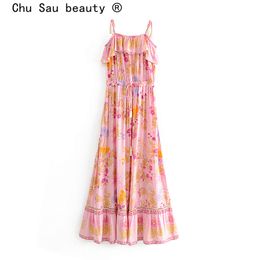 Boho Vintage Colour Flowers Print Strap Long Dress Women Tassel Drawstring Ruffles Beach Dresses Vestidos De Verano 210508