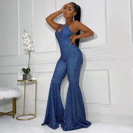 Womens Jumpsuits Rompers Wendywu Sexy Women Spaghetti Strap Wide Leg Jeans Jumpsuit Backless Denim Bell Bottom Romper