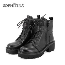 SOPHITINA Comfortable Round Toe Boots Fashion Lace-up High Quality Genuine Leather Women's Handmade Sewing Shoes Boots C396 210513