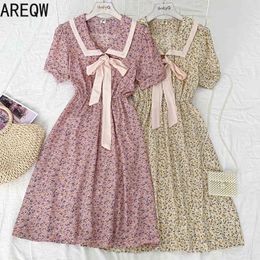 Summer Dress Women Sweet and Versatile Lace-up Bow-knot Floral Waist and Thin Short-sleeved Women Clothing 210507