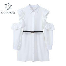 Summer Women's Off Shoulder White Shirt Dress Ruffle Patchwork Straight Vestidos Single Breasted Lapel OL Korean Frocks 210515