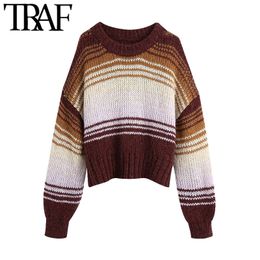TRAF Women Fashion Oversized Striped Knitted Sweater Vintage O Neck Lantern Sleeve Female Pullovers Chic Tops 210415