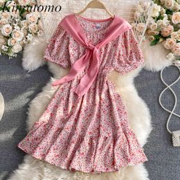 Kimutomo Sweet Floral Dress Women French Style Short Sleeve O-neck Slim Waist Chiffon Robe Female Vestido Solid Shawl 210521