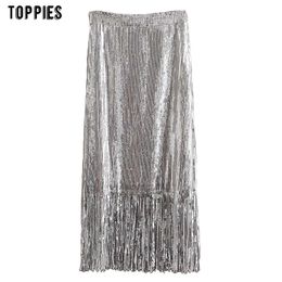 Toppies Sexy Sequin Midi Skirts Woman High Waist Silver Tassel Dress Female Streetwear 210412