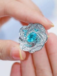 Big Flower Aquamarine Diamond Finger Ring 925 sterling silver Party Wedding band Rings for Women Bridal Promise Jewellery Gift