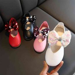 New Spring Autumn Girls Sneakers Kids Girl Leather Shoes Bling Bow Tie Princess Baby Children Shoes Cute Party Shoes C11191 210329