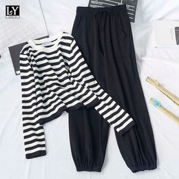 LY VAREY LIN Autumn Winter Casual Knitted Women Suits Striped Pullover Shirts High Waist Jogger Pants Two Piece Sets 210526