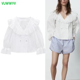Chic White Stickerei Hemden für Frauen Sommer Casual Double Breasted Button Shirt Frau Langarm Retro Damen Tops 210430