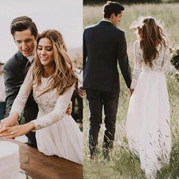 Bohemian Lace Wedding Dresses With Country Long Sleeves Floor Length A Line Lace Applique Chiffon Boho Bridal Gowns Cheap