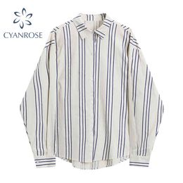 Korean Striped Blouse Spring Long Sleeve BF Oversized Single Breasted Lapel Shirt Tops Female Casual Streetwear Chic Ladies 210417