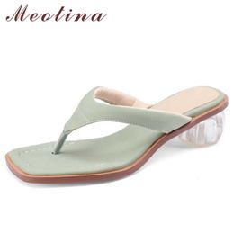 Meotina Women Slippers Shoes Flip Flop Med Heel Sandals Square Toe Slides Transparent Thick Heel Ladies Footwear Summer Green 210608