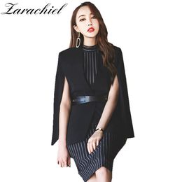 Autumn Winter Two Piece Set Women Black Shawl Poncho Blazer Suit Jacket Cloak + Striped Sleeveless Bodycon Dress 210416