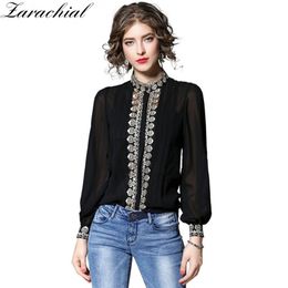 Two Piece See Through Chiffon Tops Summer Women Long Lantern Sleeve Gold Embroidery White Black Casual Blouse Office Shirt 210416