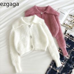 Ezgaga Sweet Solid Warm Sweater Women Autumn Winter New Turn-Down Collar Button Loose Outwear Cardigan Warm Korean Crop Tops 210430