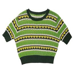 PERHAPS U Green Striped Patchwork Heart Knitting O Neck Short Sleeve Tees Tops T Shirt Casual Women Female B0647 210529