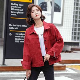 Fashionable little man red overalls jacket denim jacket women cardigan Korean style tops women's European station autumn new 210412