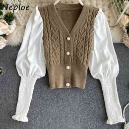 Neploe V-neck Fake Two Piece Design Shirts Vintage Twist Knitted Patchwork Women Sweaters Single Breasted Puff Sleeve Blouse 210423