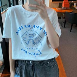 Letter Printed Causual Cotton Basic Fashion Loose College Wind White Preppy Style Korean Style Fresh Women Short Sleeve T-shirts 210522