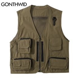 Cargo Vest Multi Zipper Pockets Pographer Hunting Fishing Travelling Hiking Sleeveless Tank Tops Waistcoat 210602