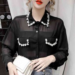 Long Sleeve Blouse Women Blusas Mujer De Moda Beading Turn Down Collar Black Blouse Chiffon Blouse Shirt Tops Blusa E208 210426