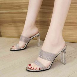 Rimocy Pink Sequined Cloth Transparent Slippers Women Sandals Sexy Open Toe High Heels Slides Woman Silver Party Shoes Ladies 210903