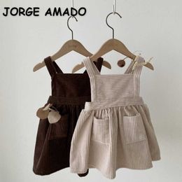 Korean Style Winter Kids Girls 2-pcs Sets White Bottoming Shirt + Overalls Corduroy Dress Casual Clothes E01 210610