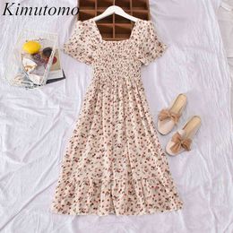 Kimutomo Vintage Floral Printing Dresses Women Summer Fashion Square Collar Short Sleeve Ruffles Vestidos Mujer 210521