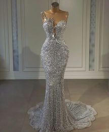 Sparkly 2021 Sequined Silver Mermaid Prom Dresses Aso Ebi Arabic Jewel Neck African Beaded Evening Gowns Plus Size Reception Secon199V