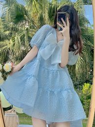 Sweet High Waist Plus Size Summer Blue V Neck Puff Short Sleeve Bow Dress Wome Beading Pearl Princess Vestido De Mujer Chic 210610