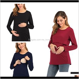 Tops Tees Supplies Baby Kids Maternity Drop Delivery 2021 Womens Spring And Summer Round Neck Solid Colour Longsleeved Breastfeeding Clothing