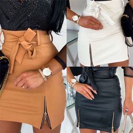 Fashion Sexy High Waist PU Leather Women Elegant Skirts Sashes Zipper Pencil Mini Length Spring Autumn Winter White Black Khaki 210518