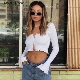 Retro Knitting Single Breasted Button Wood ears Cardigan Cropped Sweater Woman V neck Slit Long Sleeve Jumper Knitted Knitwear 210429