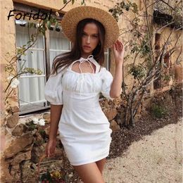White Summer Dress Women Lace Up Bodycon Short Beach Dress Lantern Sleeve Ruched Bodycon Cotton Dress 210415