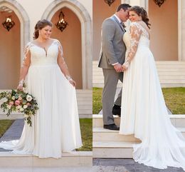 Plus Size Chiffon A-Linie Brautkleider 2021 Sommer Strand V-Ausschnitt Spitze Applikationen Perlen Brautkleid Illusion Langärmelig Rückenfrei Sexy Vestidos De Novia Boho AL9190